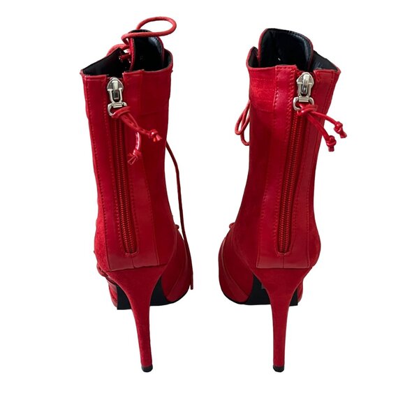 PrettyLittleThing Red Suede Lace Up High Heel Ankle Boots Size 7 - Picture 5 of 12